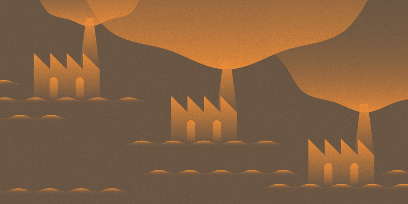 Decorative illustration showing factories polluting the environment.