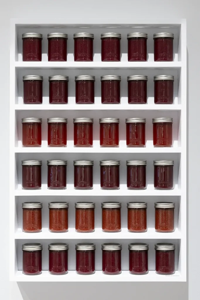 Rows of preserves jars displayed on wall-mounted shelves.