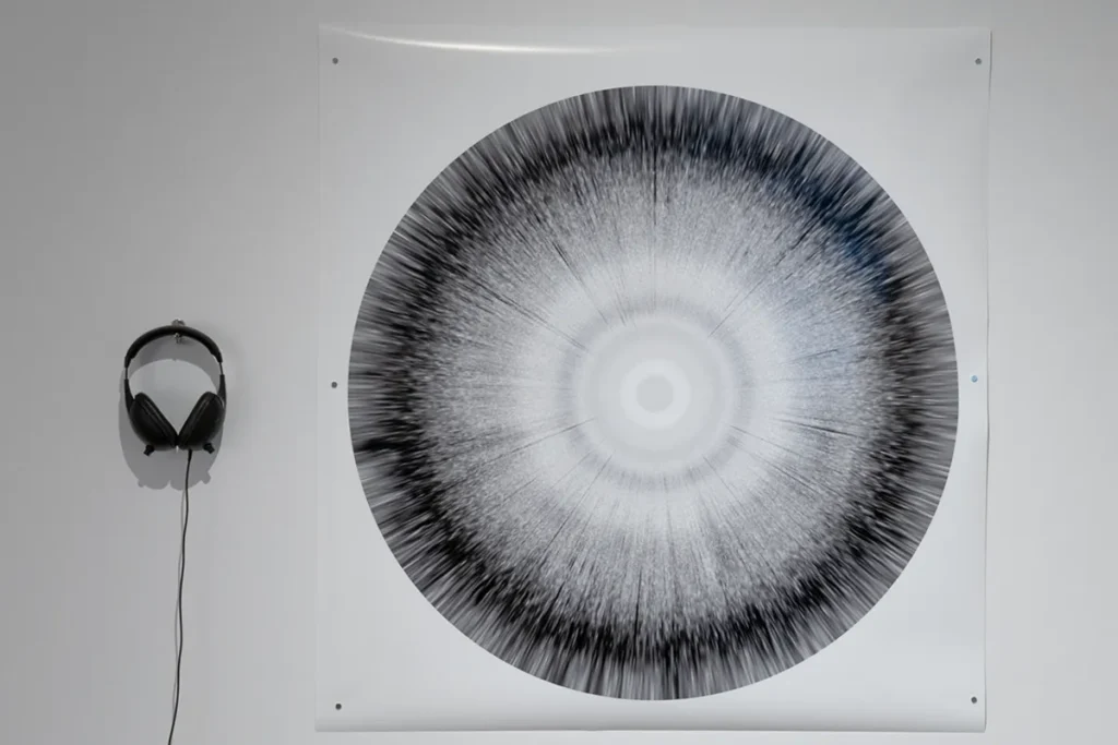 Headphones beside a wall-mounted print with bands of colour and sound-wave patterns.