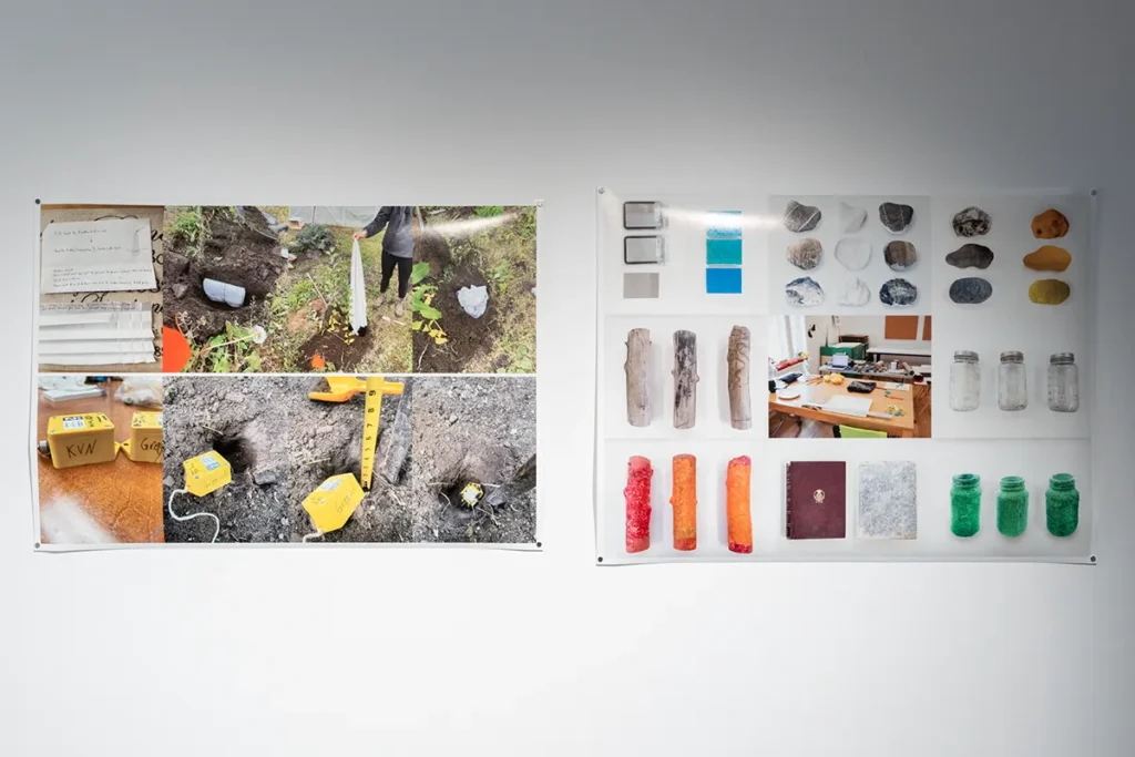 Two wall-mounted works, each containing several photographs.